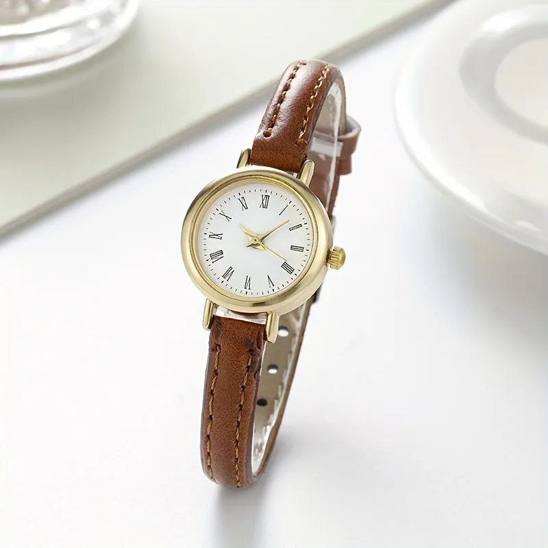 Trendy PU Leather Analog Watch with Retro Rome Design for Women