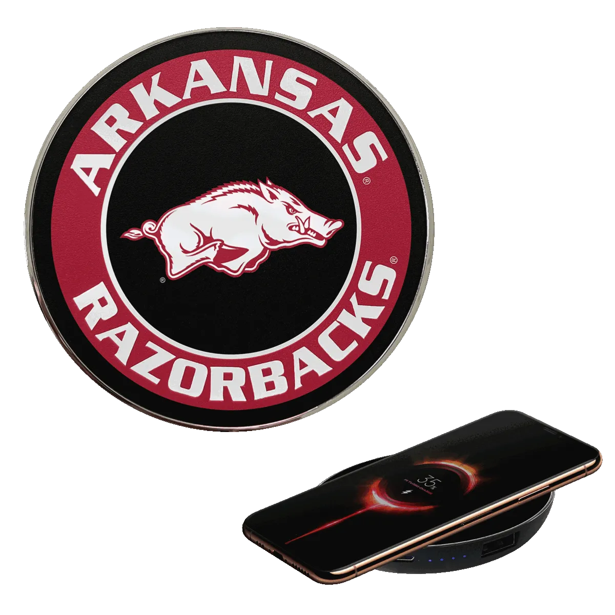 University of Arkansas Qi Wireless Charger With Illuminated Razorbacks Logo & Built-In Power bank