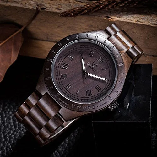 Uwood Unique Luxury Brand Black Sandal Wooden Mens Quartz Watches Fashion Natural Wood Watch