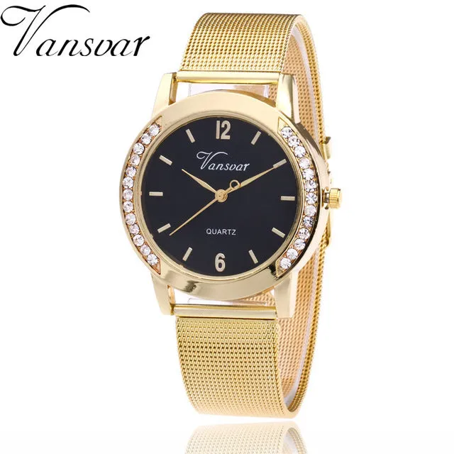 Vansvar Brand Fashion Gold Mesh Quartz Watch Women Metal Stainless Steel Dress Watches Relogio Feminino Gift Clock 1887