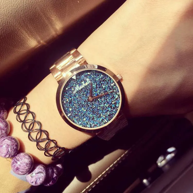 Women's Watch Blue starry embellished dial stainless steel strap elegant watch