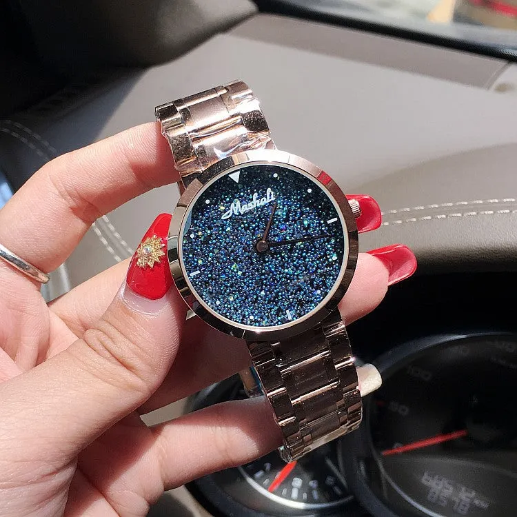 Women's Watch Blue starry embellished dial stainless steel strap elegant watch